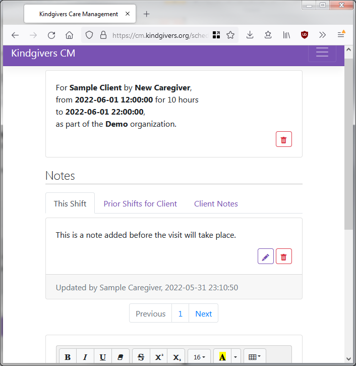 Screenshot of notes added to a scheduled shift.